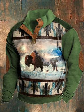 Retro Casual Men's Western Style Yak Print Sweatshirt