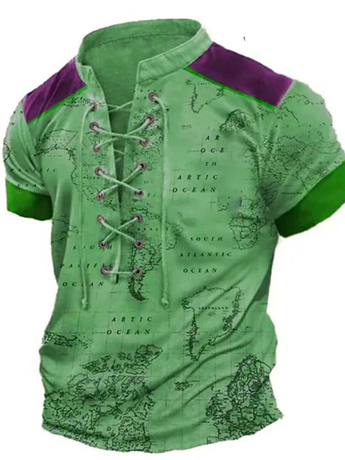 Men's Fashionable And Casual Eight-Hole Rope Design Printed Short-Sleeved Top