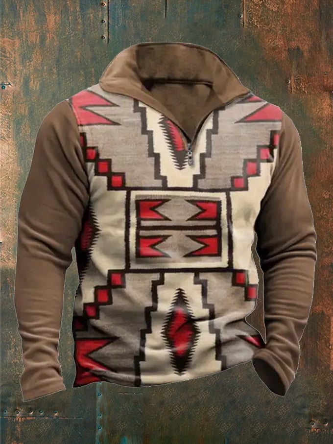 Men's Retro Western Style Printed Zip Stand Collar Sweatshirt