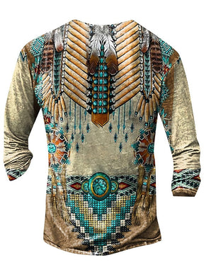 Men's Western Style V-Neck Printed Design Long Sleeve Top