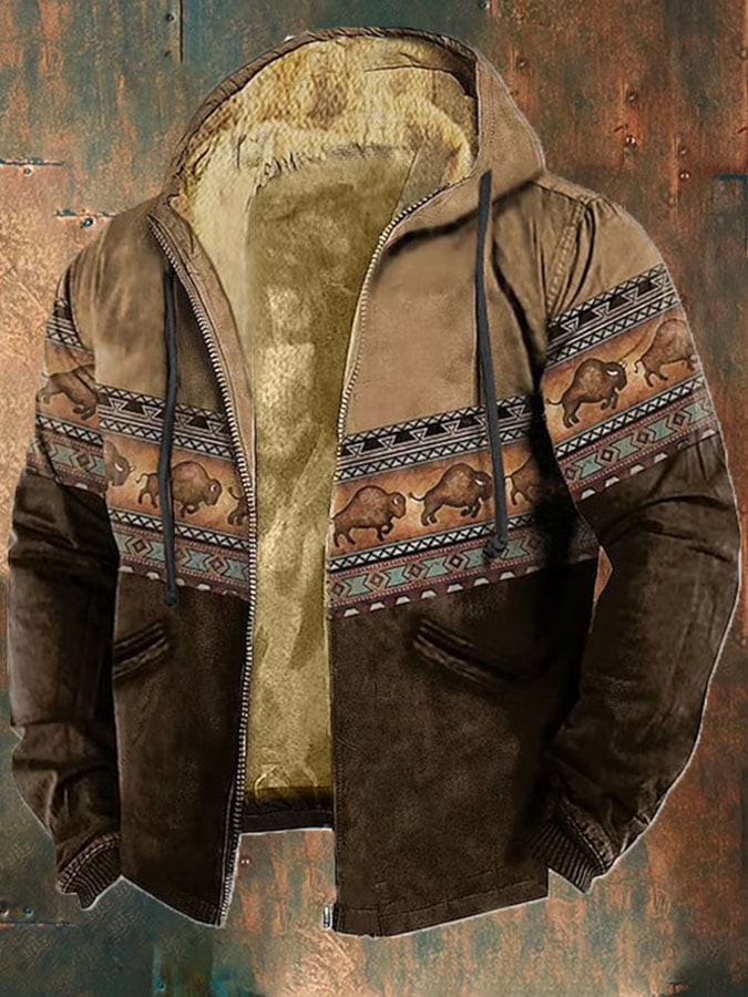 Men'S Retro Western Print Cotton Zipper Outerwear