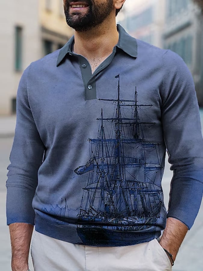 Men's Fashionable Casual Printed Long Sleeve Polo Shirt