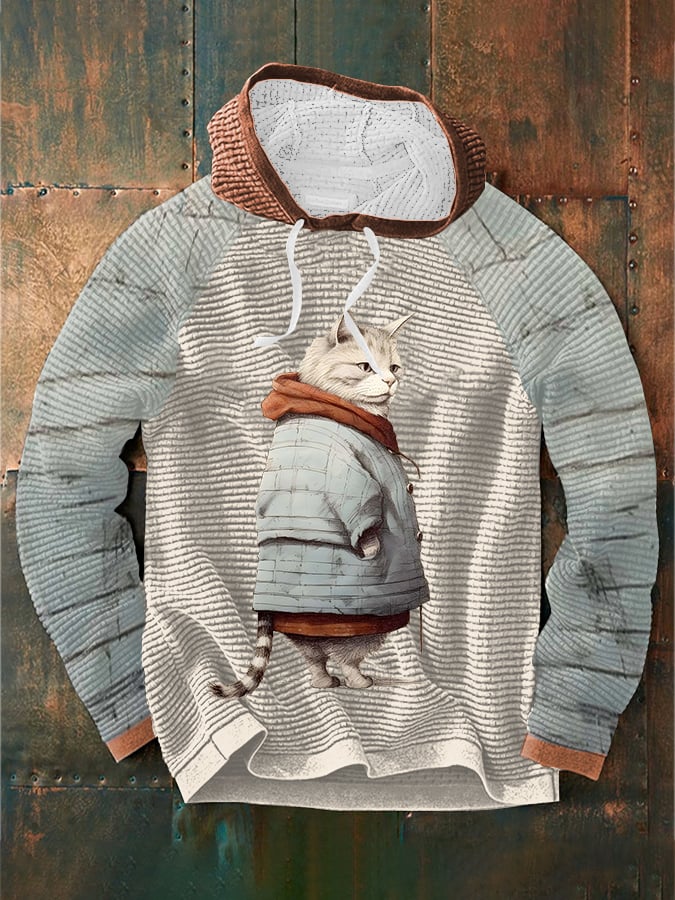 Men's Winter Funny Cute Wonderland Clothing Cat Printed Waffle Hooded Sweatshirt