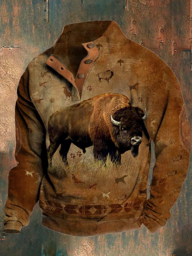 Retro Casual Men's Western Style Yak Print Sweatshirt