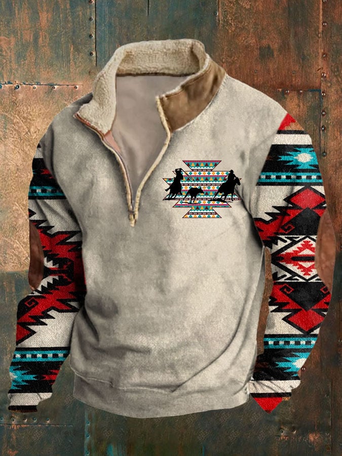 Men'S Retro Western Print Zipper Stand Collar Sweatshirt