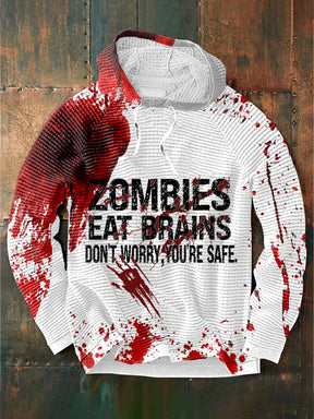 Men's Halloween Zombies Eat Brains You're Safe Print Waffle Hoodie