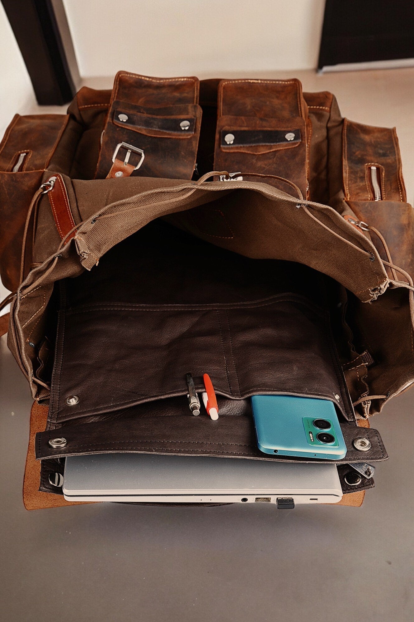 Daypack Laptop Backpack Handmade Waxed Canvas and Leather