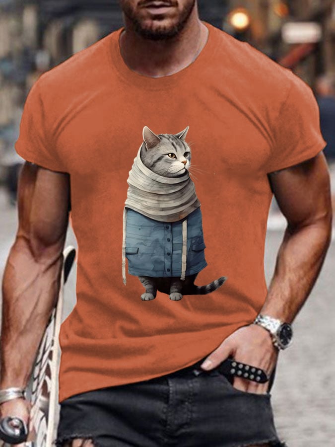 Men's Funny Winter Art Cat Print Short Sleeve T-Shirt