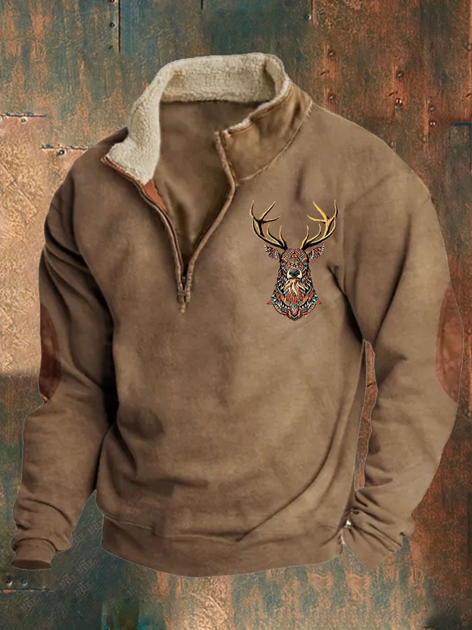 Men'S Retro Western Print Zipper Stand Collar Sweatshirt