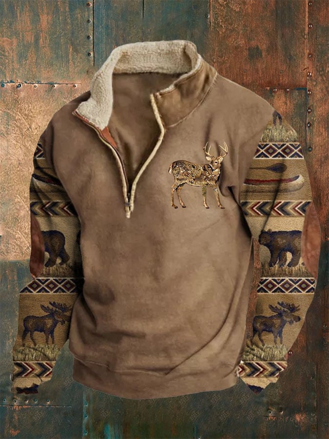 Men'S Retro Western Print Zipper Stand Collar Sweatshirt