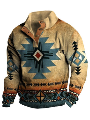 Men's Western Style Printed Stand Collar Button Sweatshirt