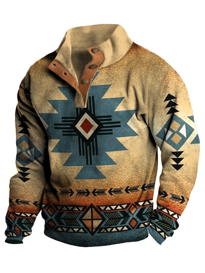 Men's Western Style Printed Stand Collar Button Sweatshirt