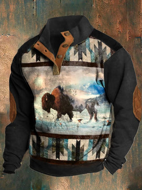 Retro Casual Men's Western Style Yak Print Sweatshirt