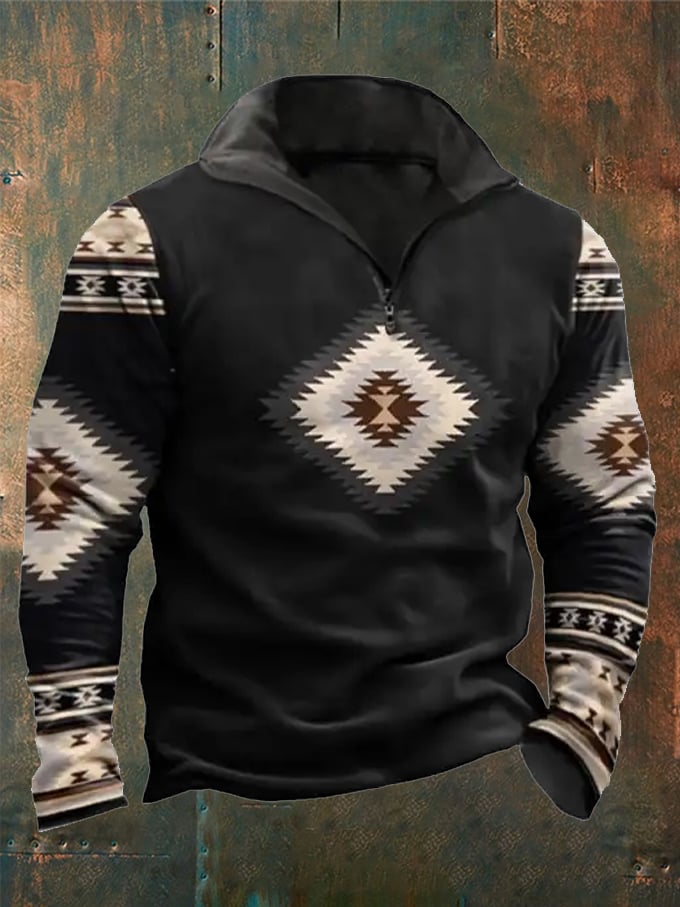 Men's Western Style Printed Zipper Stand Collar Sweatshirt