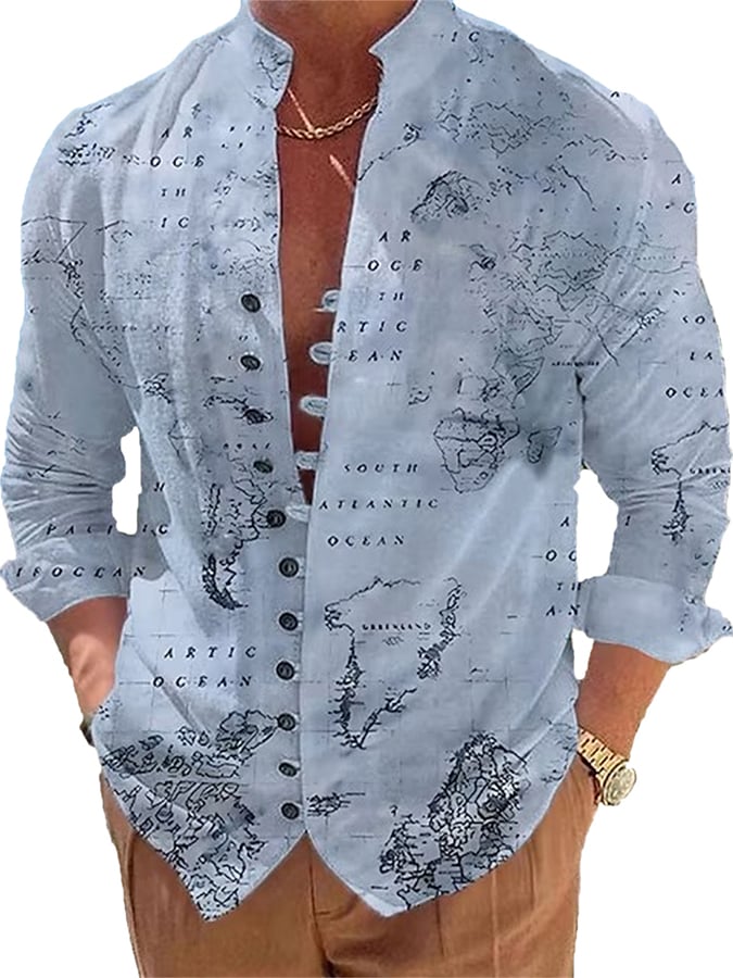 Men's Fashion Casual Button Design Printed Long Sleeve Shirt