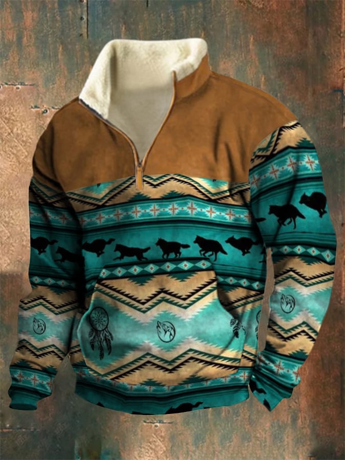 Men's Retro Western Style Arctic Velvet Stand Collar Sweatshirt