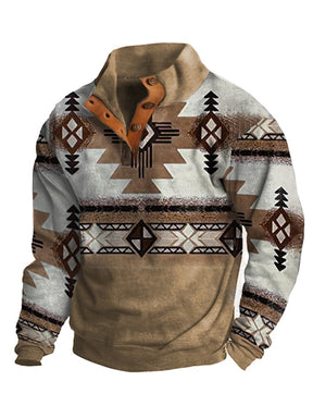 Men's Western Style Printed Stand Collar Button Sweatshirt