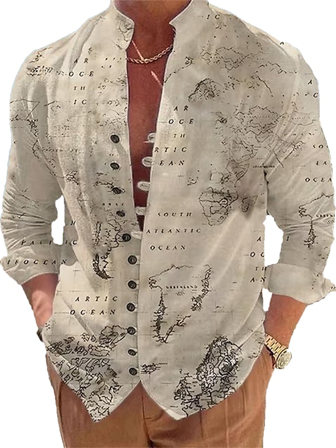 Men's Fashion Casual Button Design Printed Long Sleeve Shirt