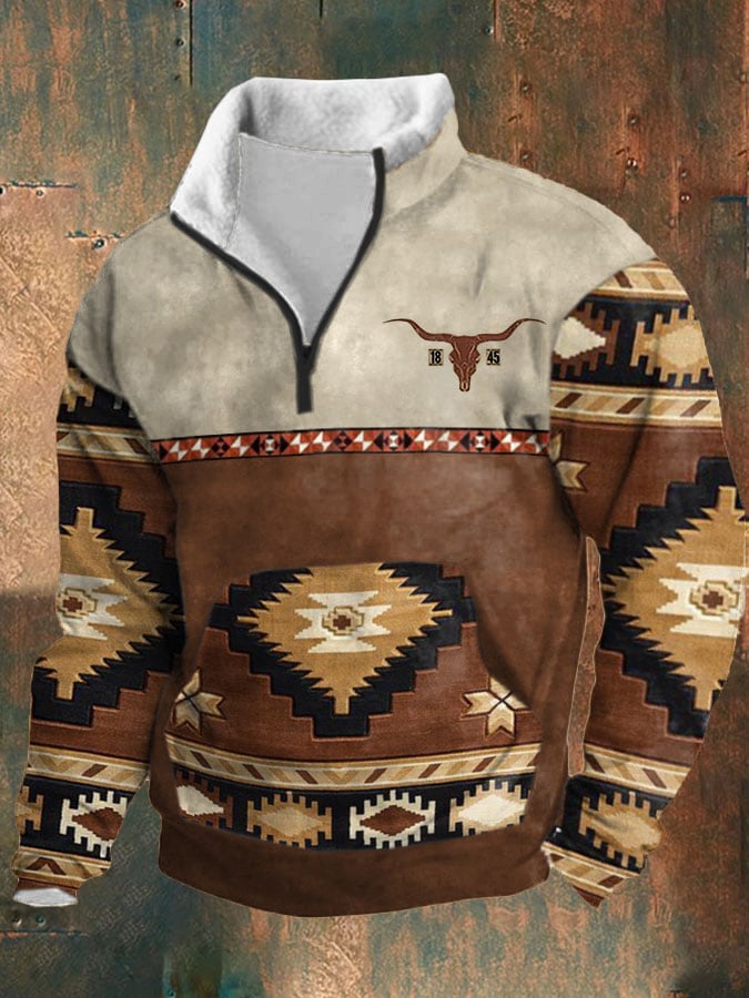 Men's Retro Western Print Zipper Collar Long Sleeve Sweatshirt