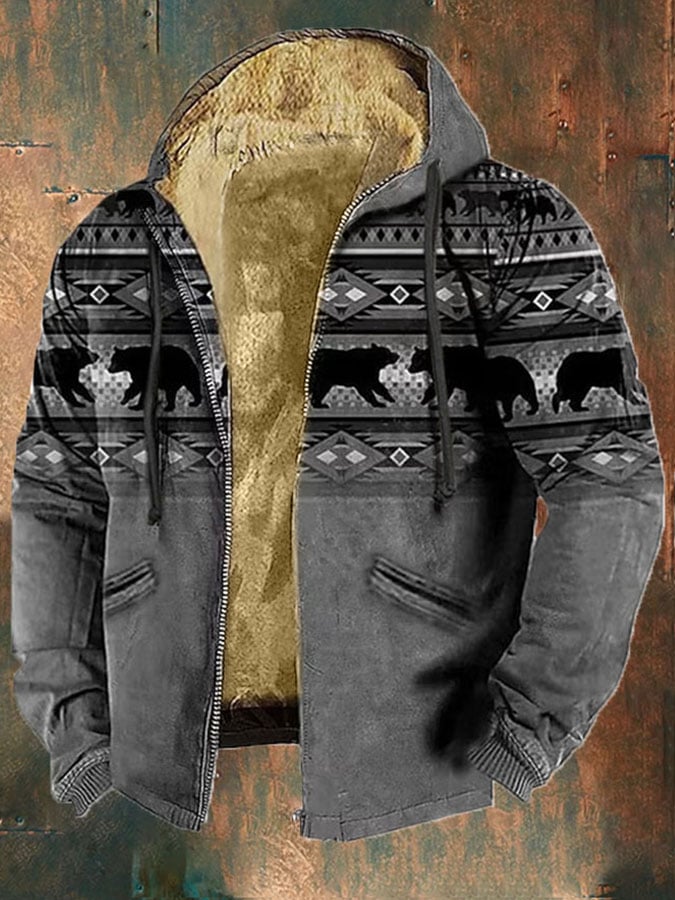 Men'S Retro Western Print Cotton Zipper Outerwear