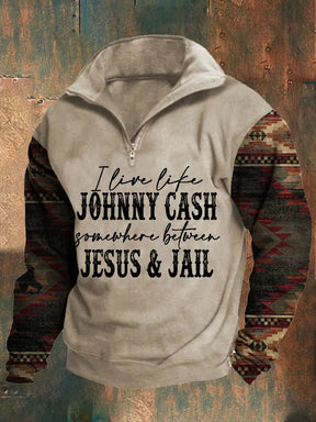 Men's Retro Western I Live Like Johnny Cash Somewhere Between Jesus & Jail Print Lapel Long Sleeve Sweatshirt