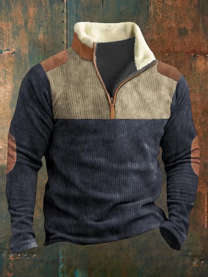 Men's Casual Colorblock Zipper Neck Waffle Pullover