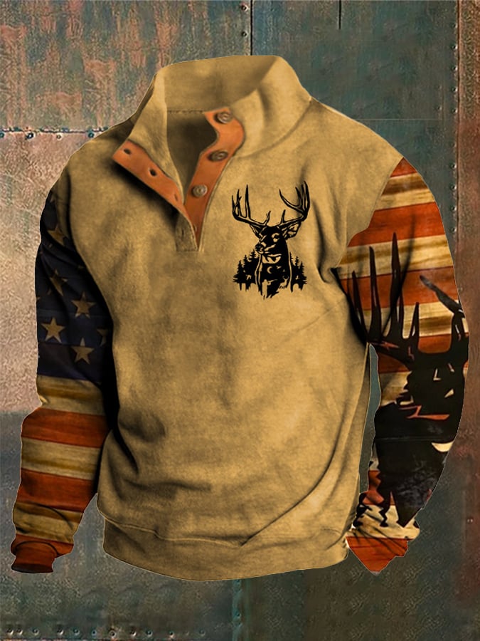 Men's Western Style Printed Stand Collar Button Sweatshirt