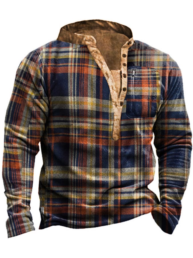 Men's Fashionable Retro Contrasting Plaid Design Warm Casual Sweatshirt