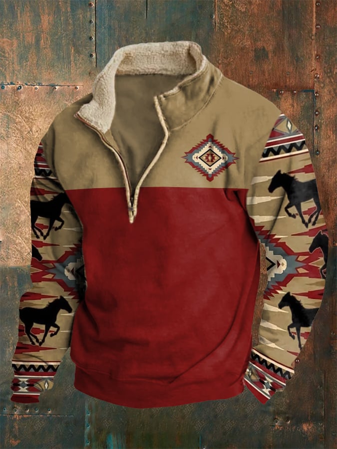 Men'S Retro Western Print Zipper Stand Collar Sweatshirt