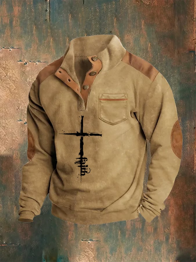 Men's Western Style Printed Stand Collar Button Sweatshirt