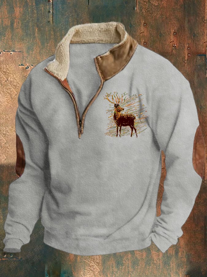 Men'S Retro Western Print Zipper Stand Collar Sweatshirt