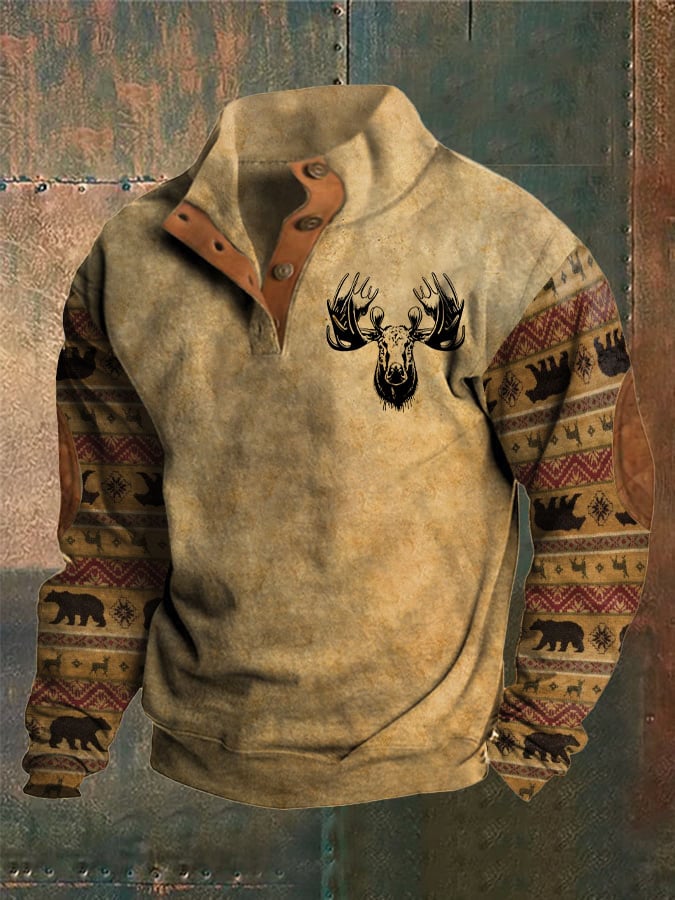 Men's Retro Western Color Block Print Long Sleeve Sweatshirt