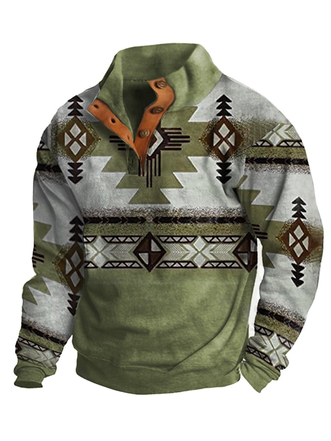 Men's Western Style Printed Stand Collar Button Sweatshirt