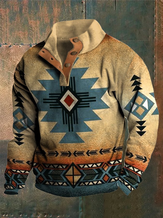 Men's Western Style Printed Stand Collar Button Sweatshirt