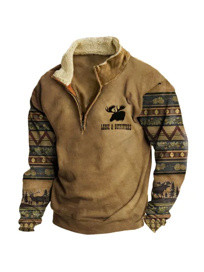 Men's Retro Western Style Plush Stand Collar Sweatshirt