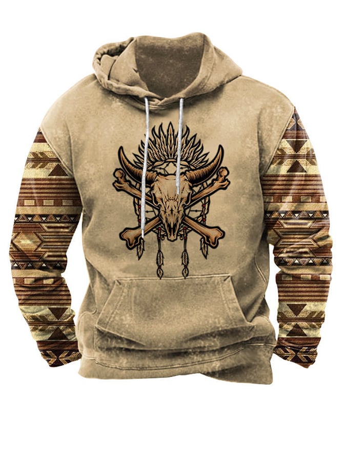 Men's Western Style Printed Loose Hooded Sweatshirt