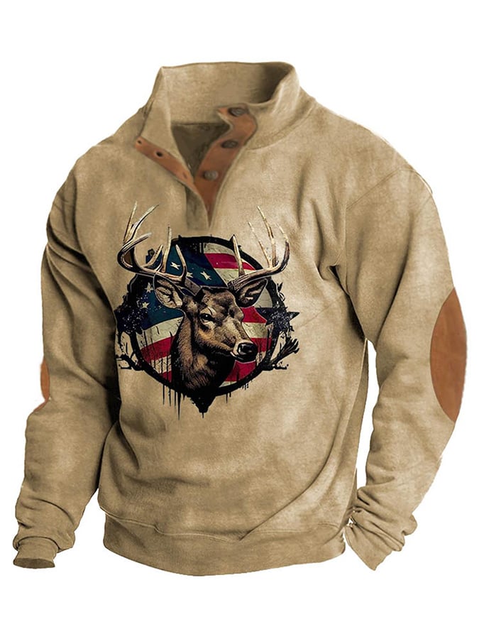 Men's Western Style Printed Stand Collar Button Sweatshirt