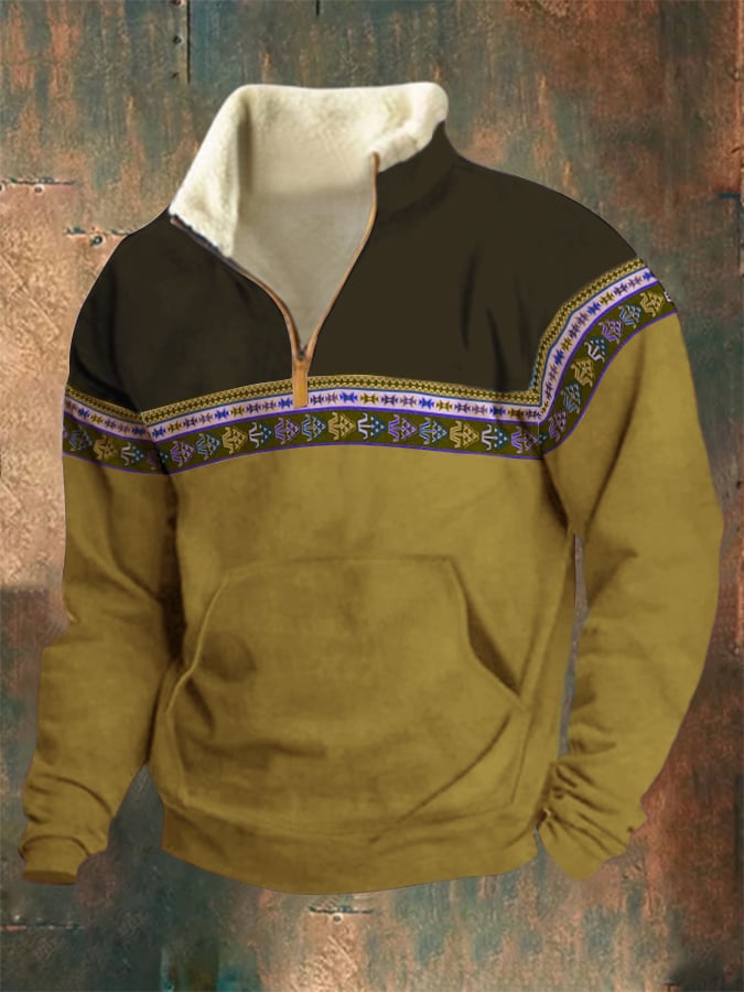 Men's Retro Western Style Arctic Velvet Stand Collar Sweatshirt