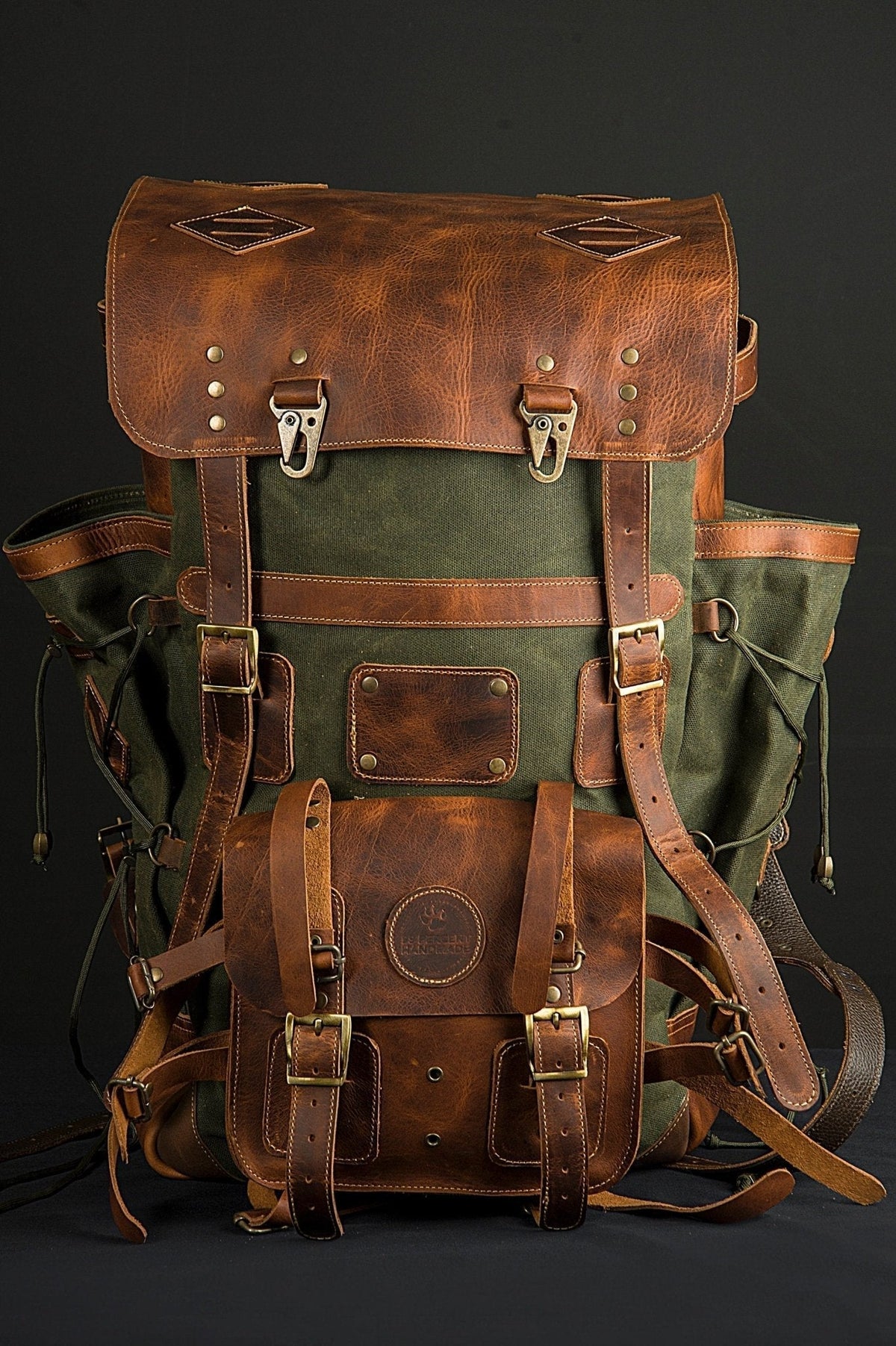 Handmade Leather and Waxed Backpack for Travel Camping,Military 45 Liter