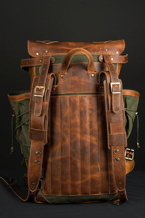 Handmade Leather and Waxed Backpack for Travel Camping,Military 45 Liter