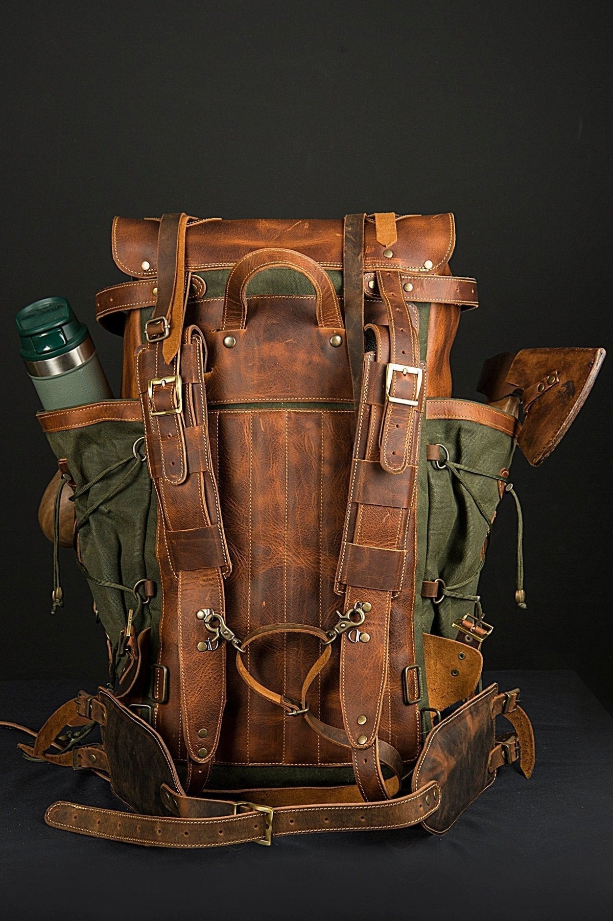 Handmade Leather and Waxed Backpack for Travel Camping,Military 45 Liter