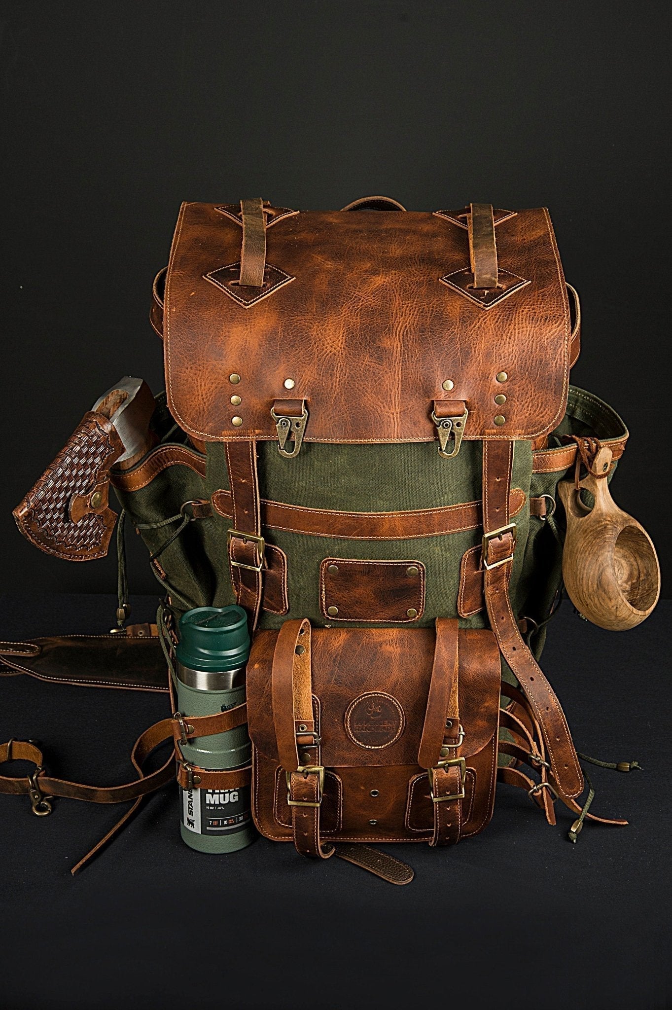 Handmade Leather and Waxed Backpack for Travel Camping,Military 45 Liter