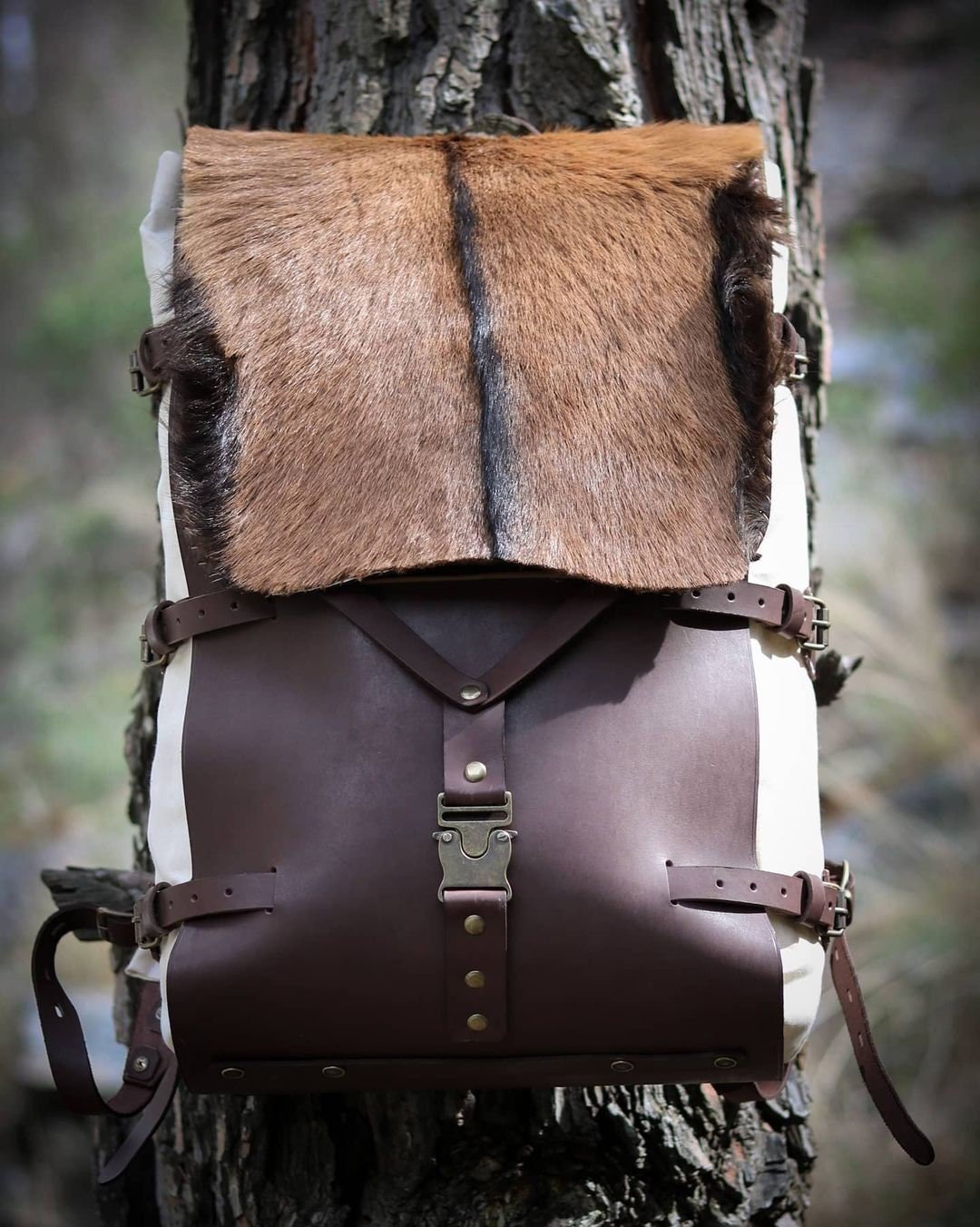 Goat Fur and Leather details Handmade  Waxed Canvas Backpack