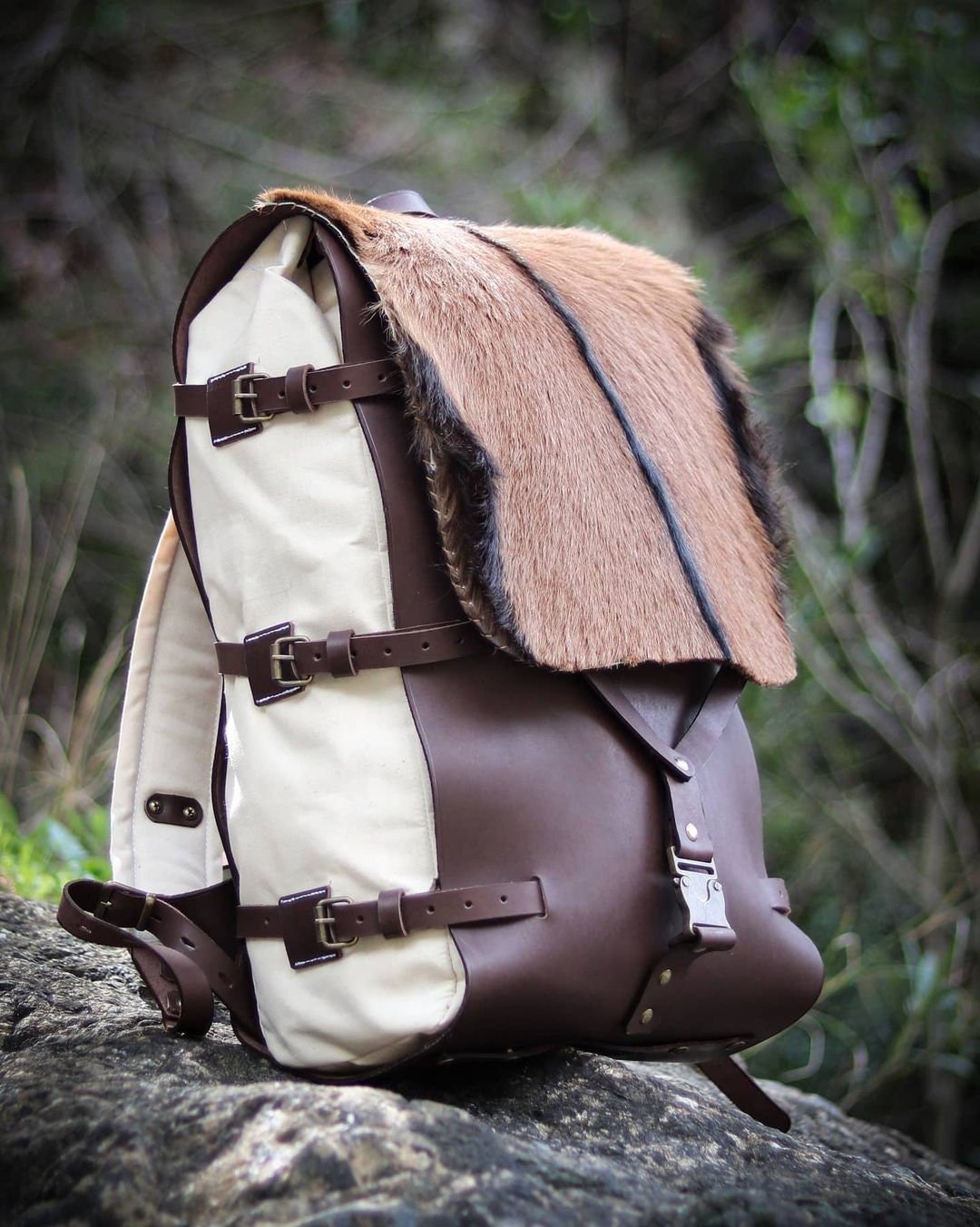 Goat Fur and Leather details Handmade  Waxed Canvas Backpack