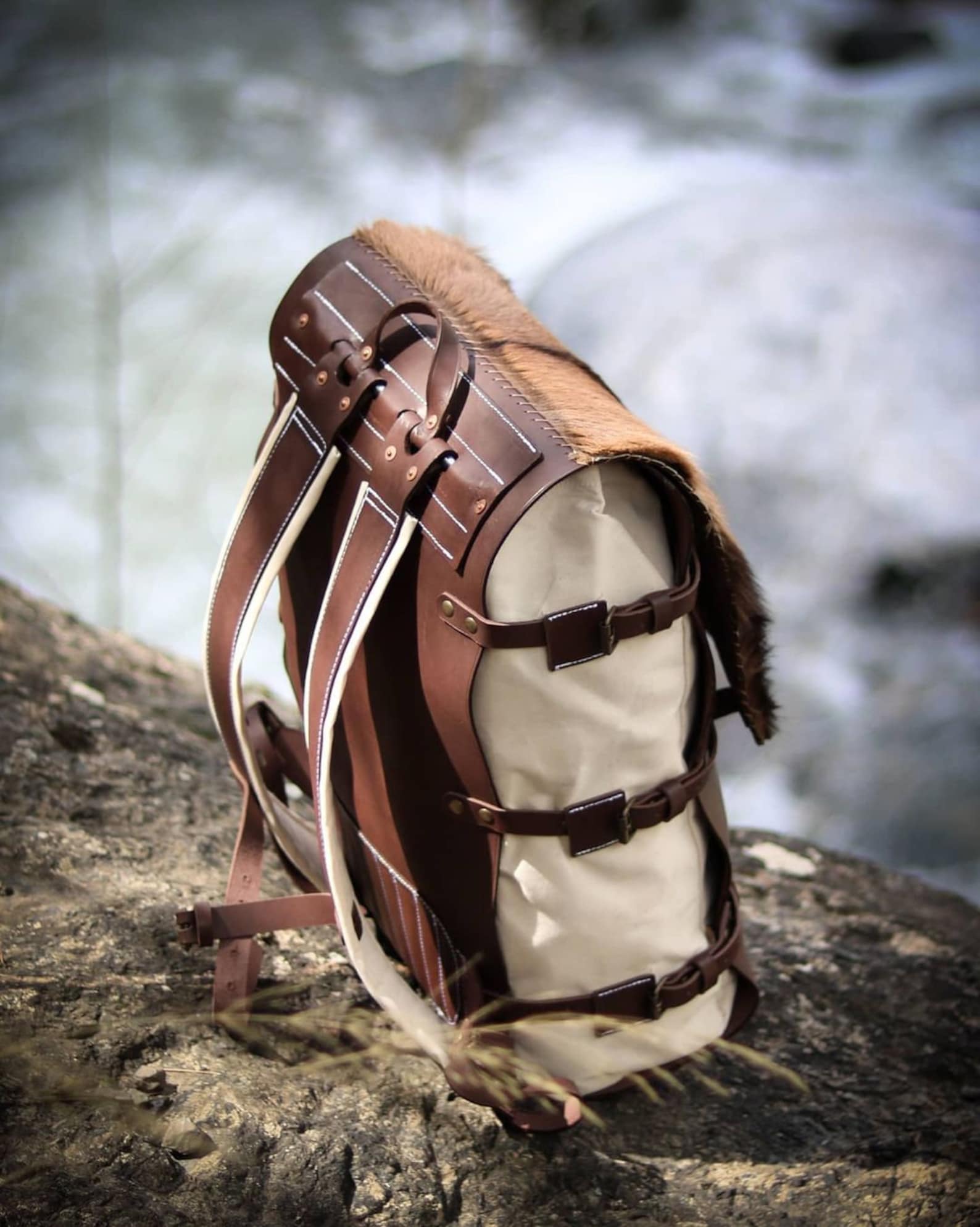 Goat Fur , Canvas and Leather Bag  Bushcraft  Camping