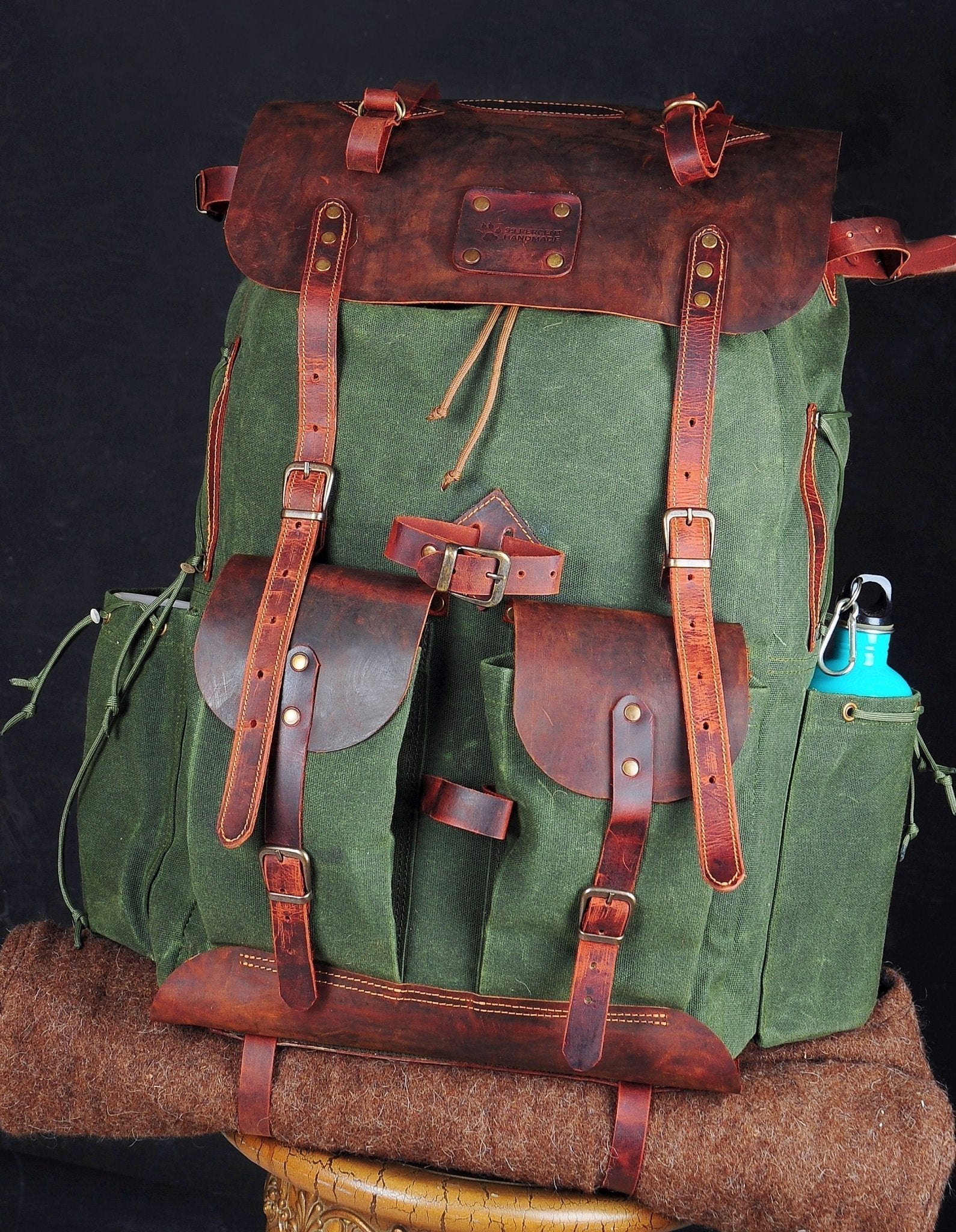 Green Bestseller Leather Backpack  Waxed Canvas Bag