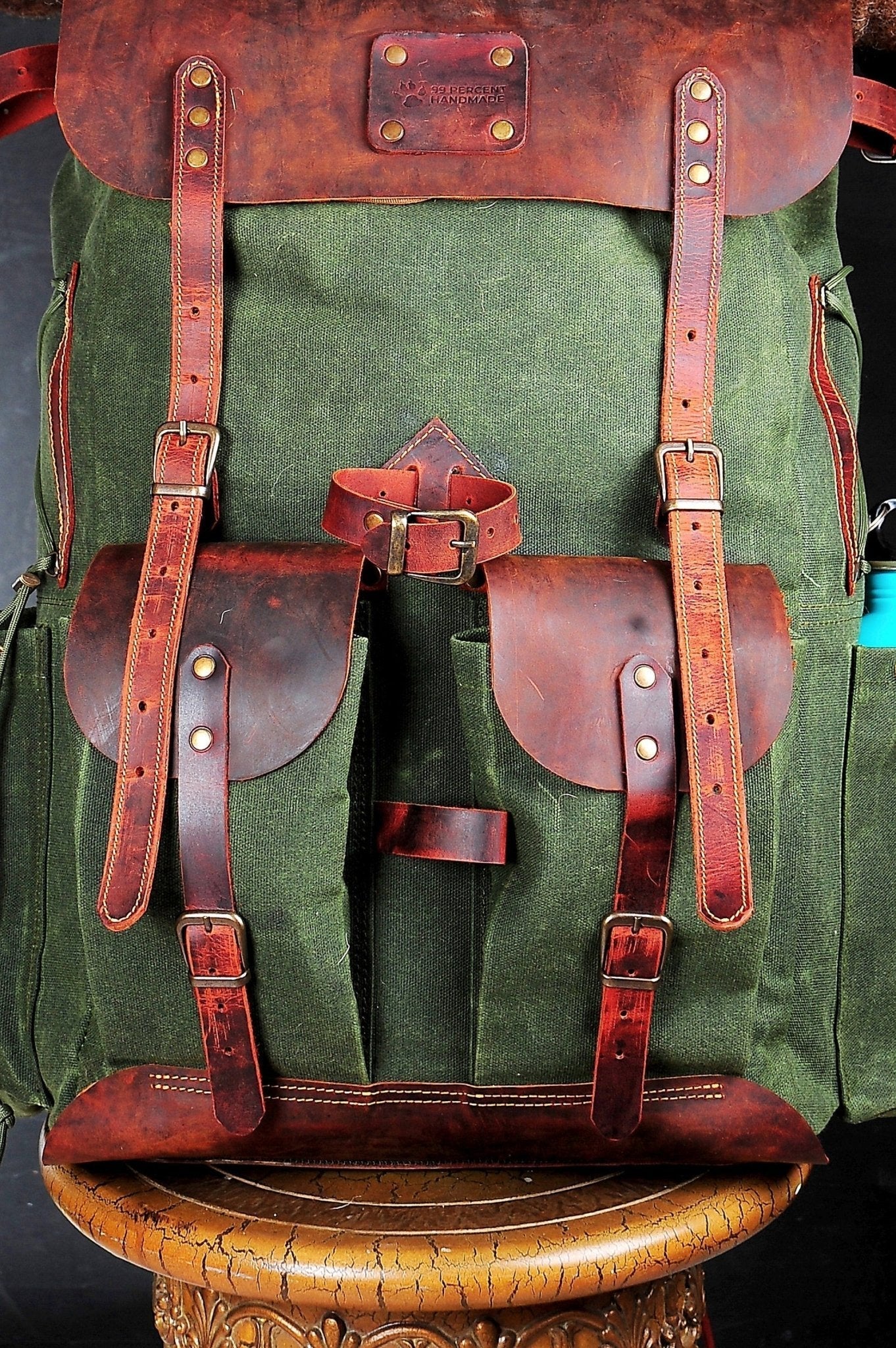 Green Bestseller Leather Backpack  Waxed Canvas Bag