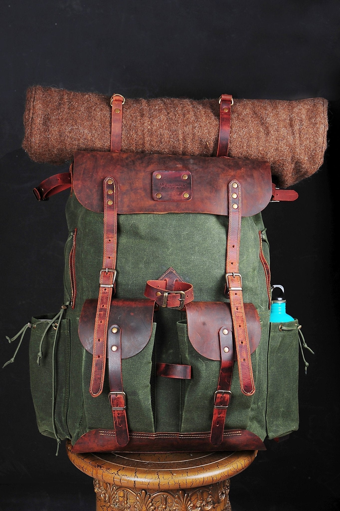 Green Bestseller Leather Backpack  Waxed Canvas Bag