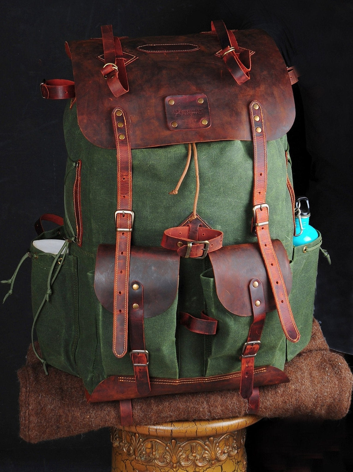 Green Bestseller Leather Backpack  Waxed Canvas Bag