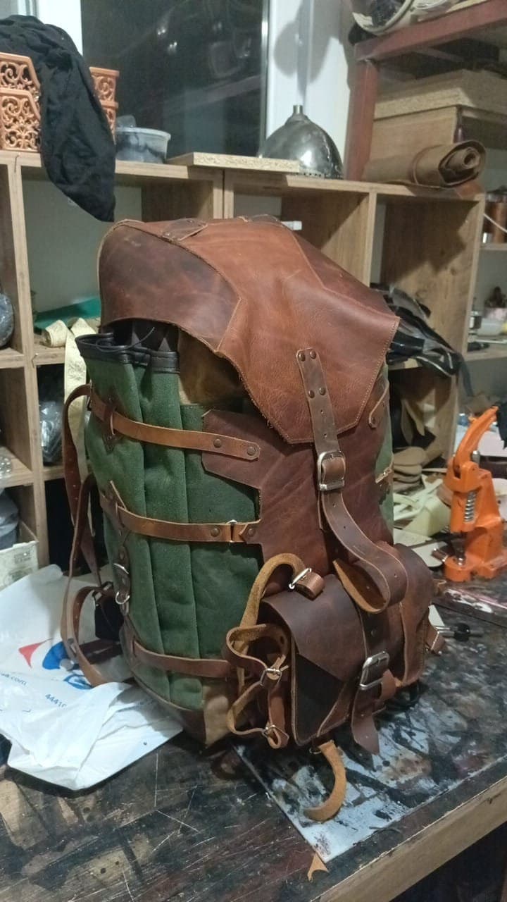 Handmade Custom Leather and Waxed Backpack for Travel